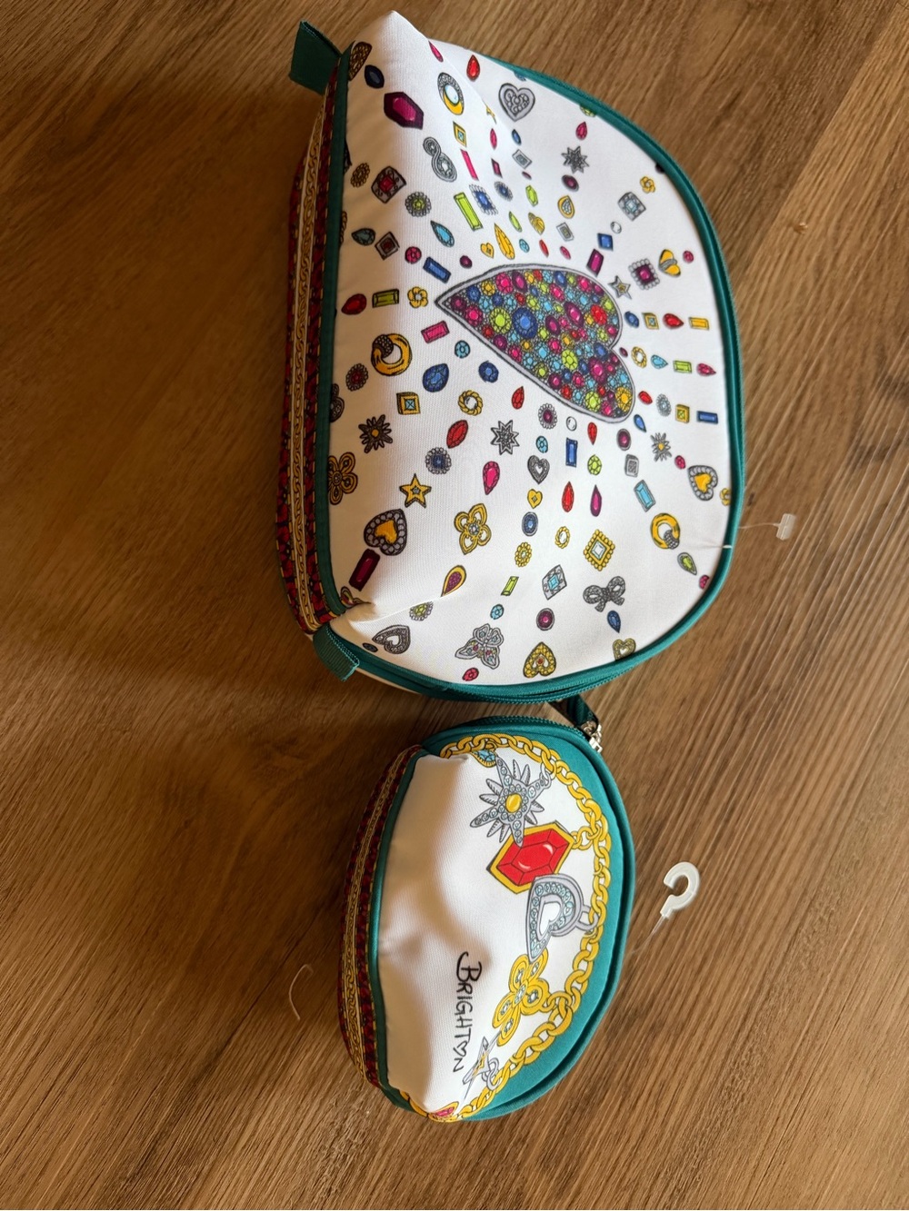 Brighton White Cosmetic Pouches with Teal Trim and Multicolor Jewel Motif